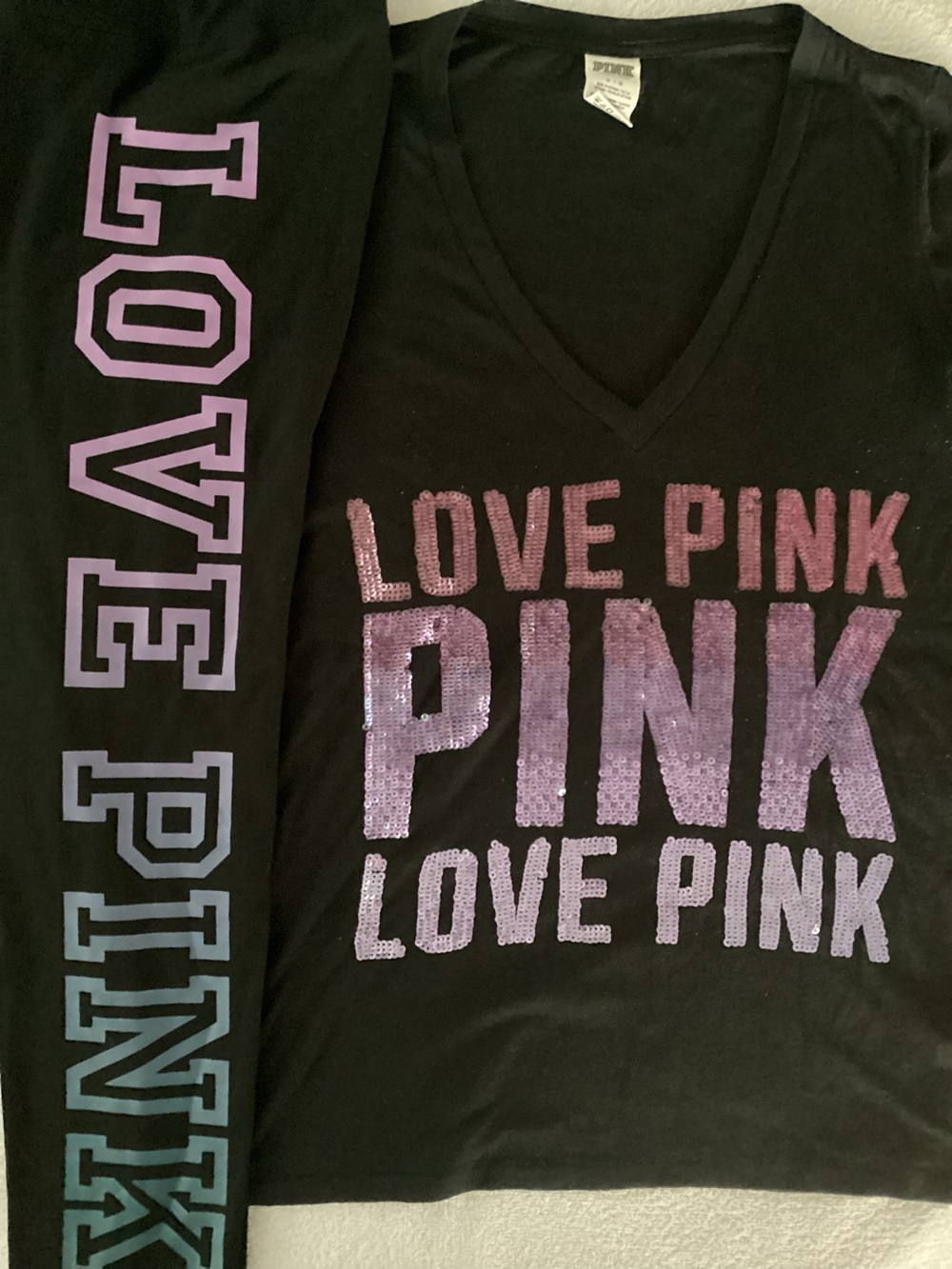 Victoria’s Secret LOVE PINK BLING Ombré V Neck Shirt Leggings L